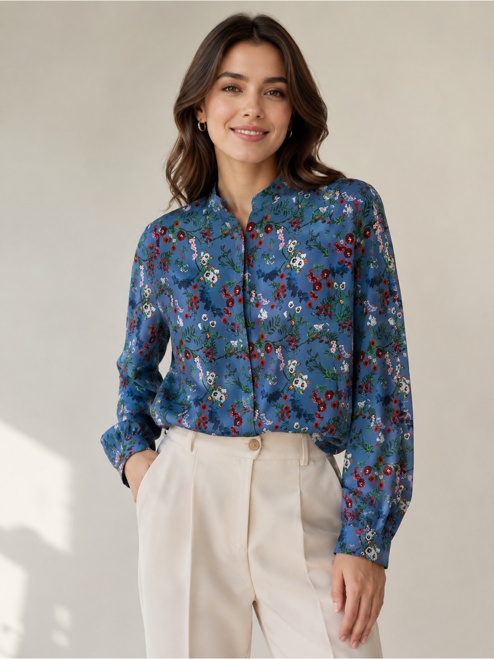 Alice + Olivia Blue Floral Mandarin-Collar Blouse